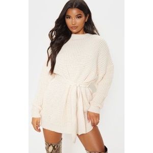 Cream Soft Touch Knitted Belted Jumper Dress